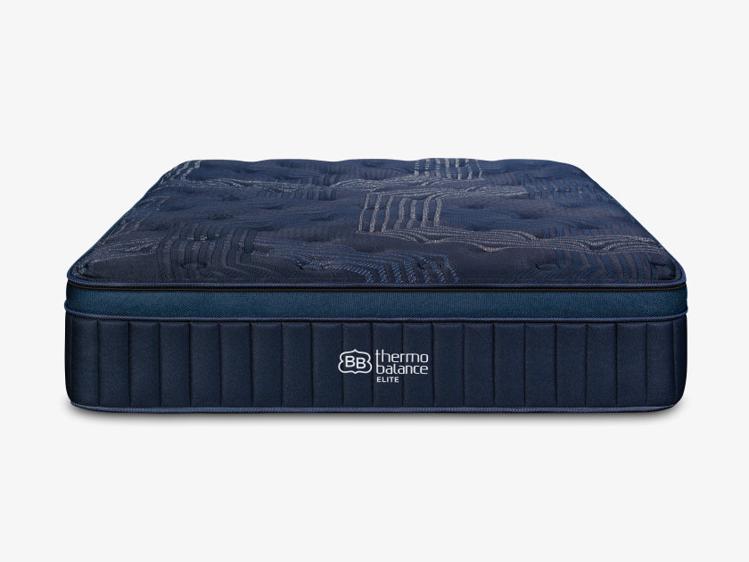 Straight-on front view of the navy blue ThermoBalance Elite mattress showing the logo and ribbed side panels.