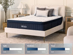 Brooklyn Bedding ThermoBalance LX on a cream upholstered bed with firmness graphics labeled “Soft,” “Medium,” and “Firm.”