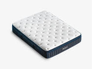 Brooklyn Bedding ThermoBalance LX Elite Mattress corner close-up showing the white quilted top and dark blue side panel on a cream bed frame.