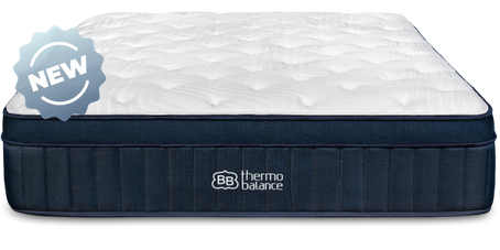 Brooklyn Bedding ThermoBalance LX with two people sitting on the bed, with a badge reading “NEW.”
