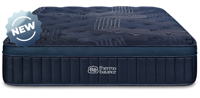 Couple sitting on a bed with a mattress labeled  Brooklyn Bedding Thermobalance in a bedroom setting.