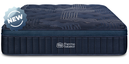 Brooklyn Bedding ThermoBalance Mattress with two people sitting on the bed, with a badge reading “NEW.”