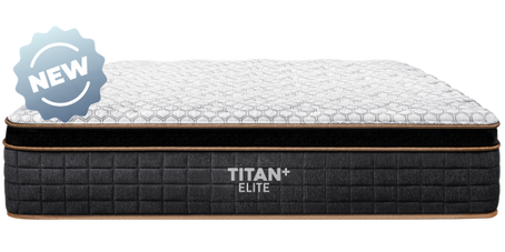 Product shot with two people, Titan Plus Elite mattress with new badge, ACA American Chiropractic association badge
